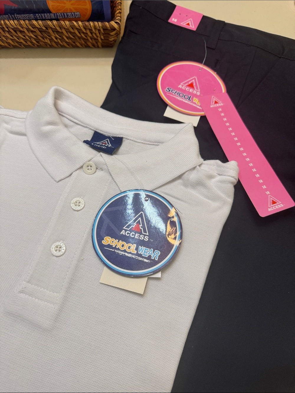 ACCESS girls White School long sleeveShirt and navy pant bundle size large 14/16